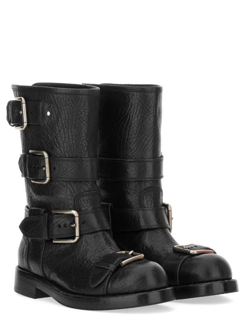Dolce & Gabbana Mid-Calf Leather Boots With Adjustable Buckles
