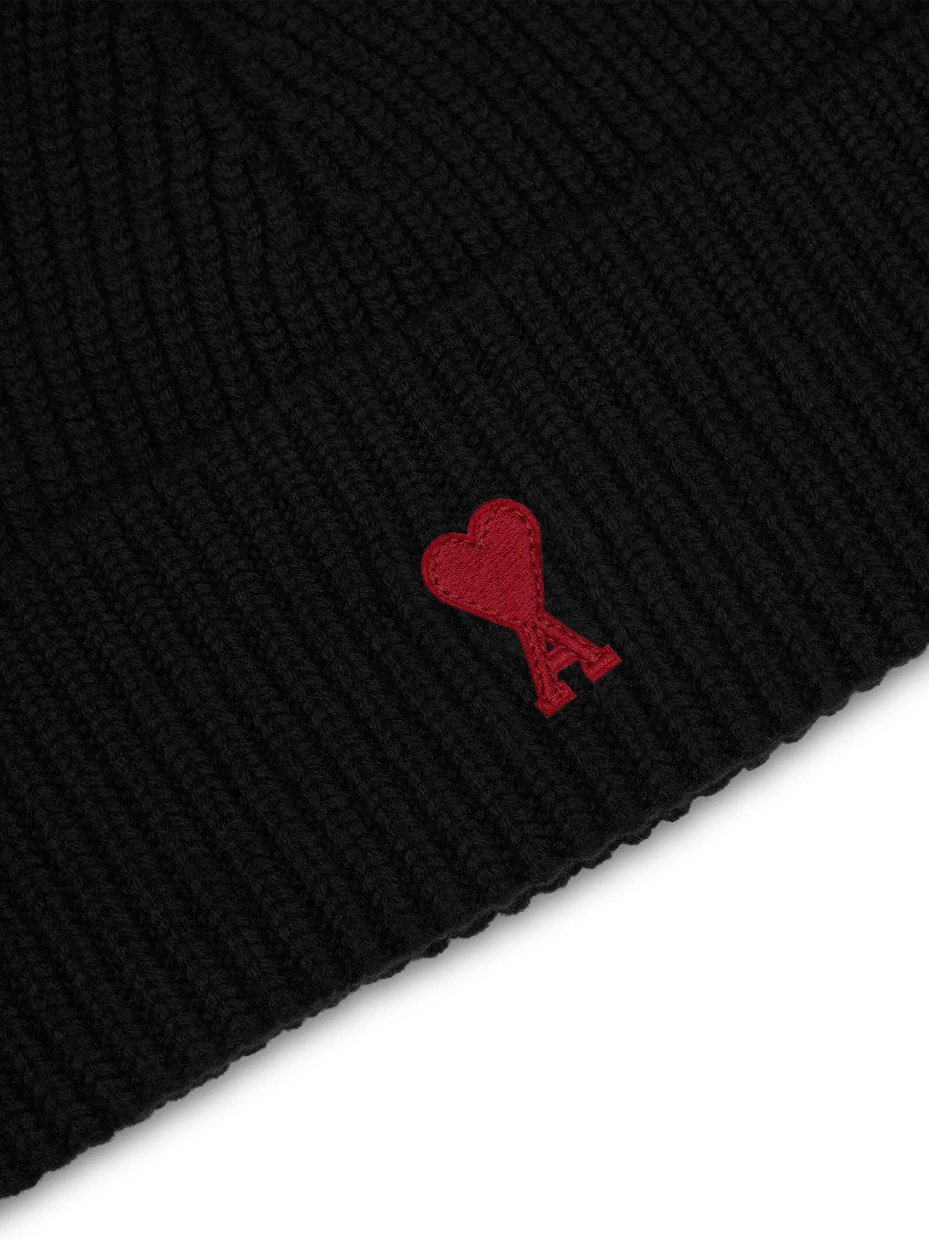 Ami Paris Quota Red Ami De Coeur Ribbed Wool Beanie