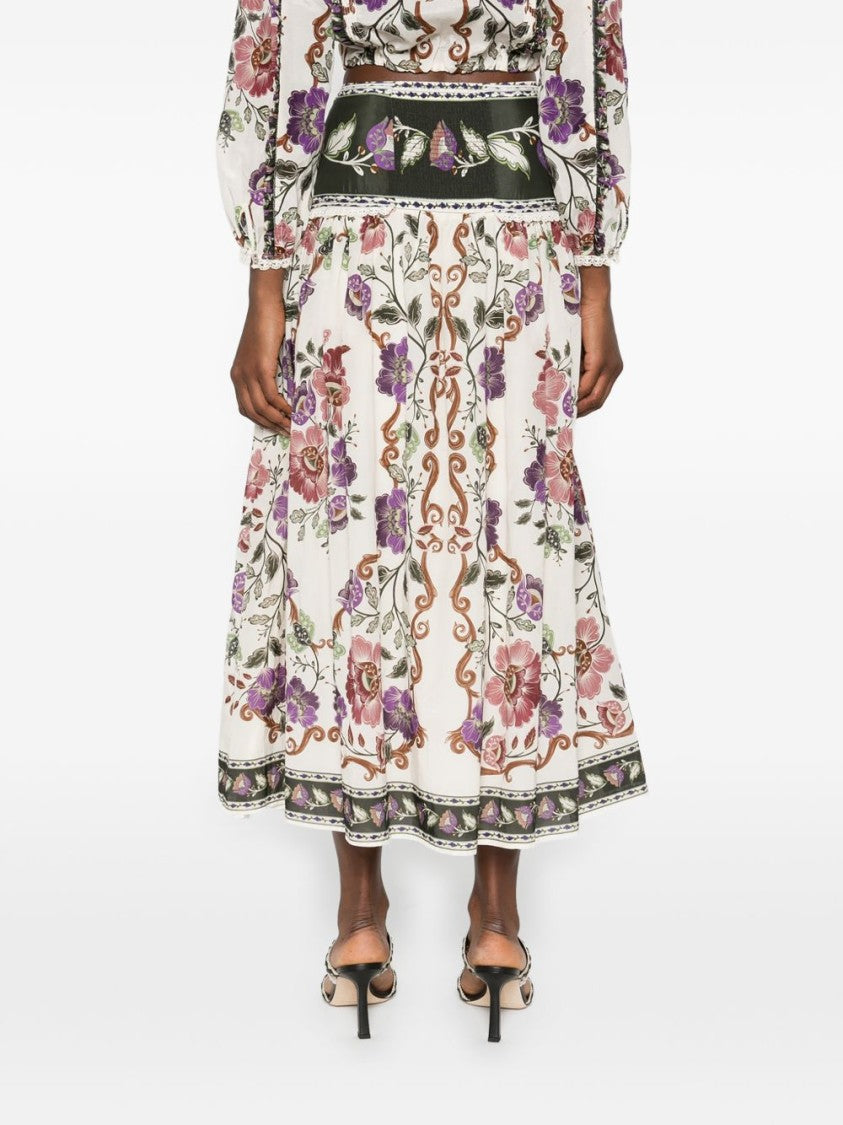Farm Rio Multicolor Wide Floral-Trimmed Midi Skirt