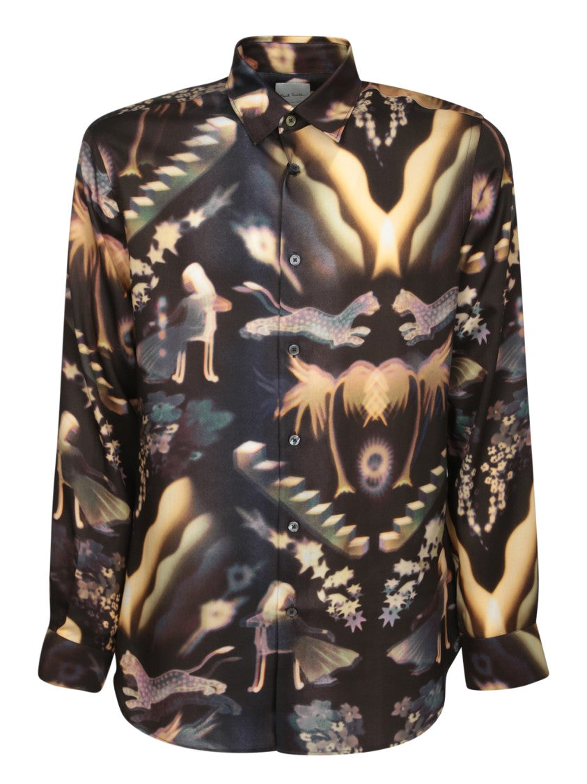 Paul Smith Artistic Print Black Long Sleeve Shirt With Classic Collar