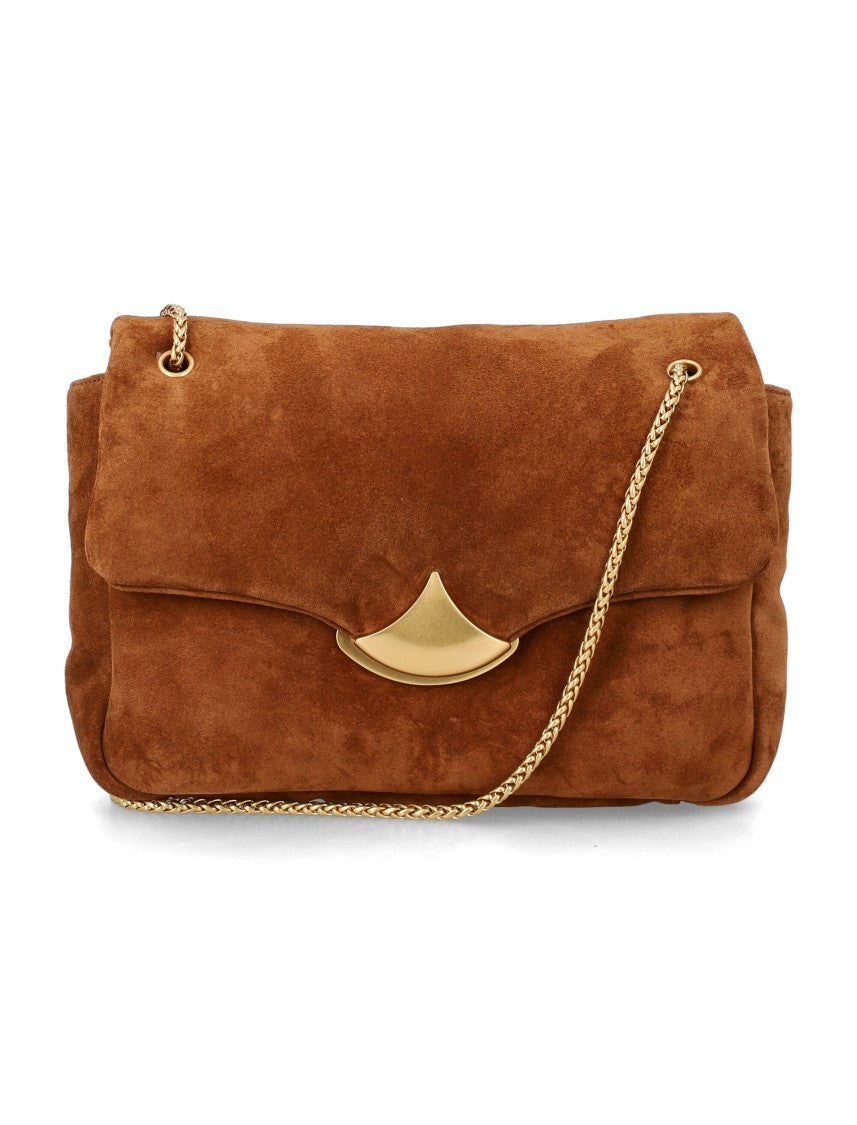 Sessùn Warm Brown Suede Handbag With Curved Gold Accent