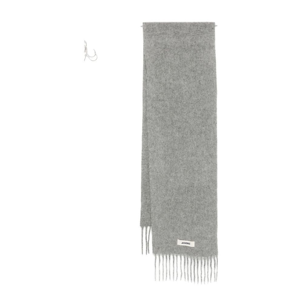 Jacquemus Heathered Grey Long Scarf With Fringed Ends And Label