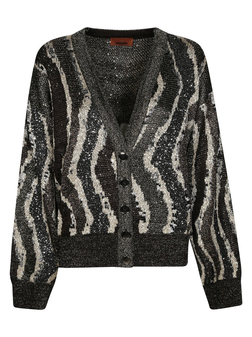 Missoni Wave Pattern Black Cardigan With Puff Sleeves And Deep V-Neckline