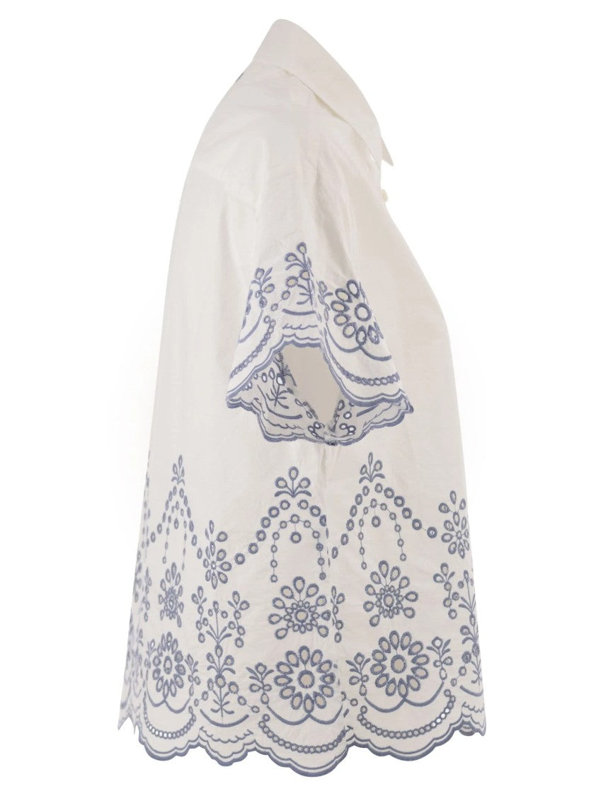 Mc2 Saint Barth White Floral-Embroidered Short-Sleeved Shirt