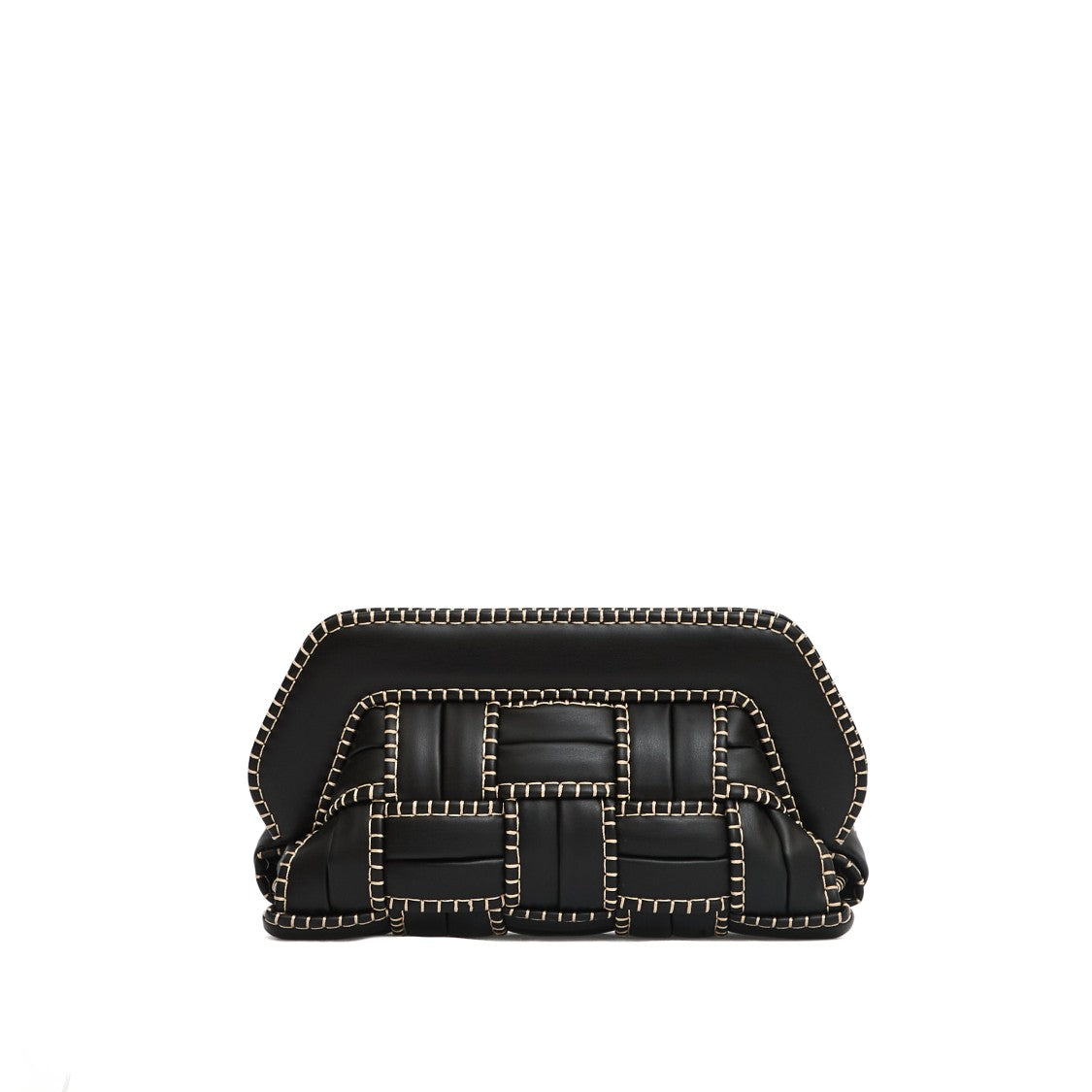 Themoirè Structured Black Vegan Leather Clutch With Beige Stitching