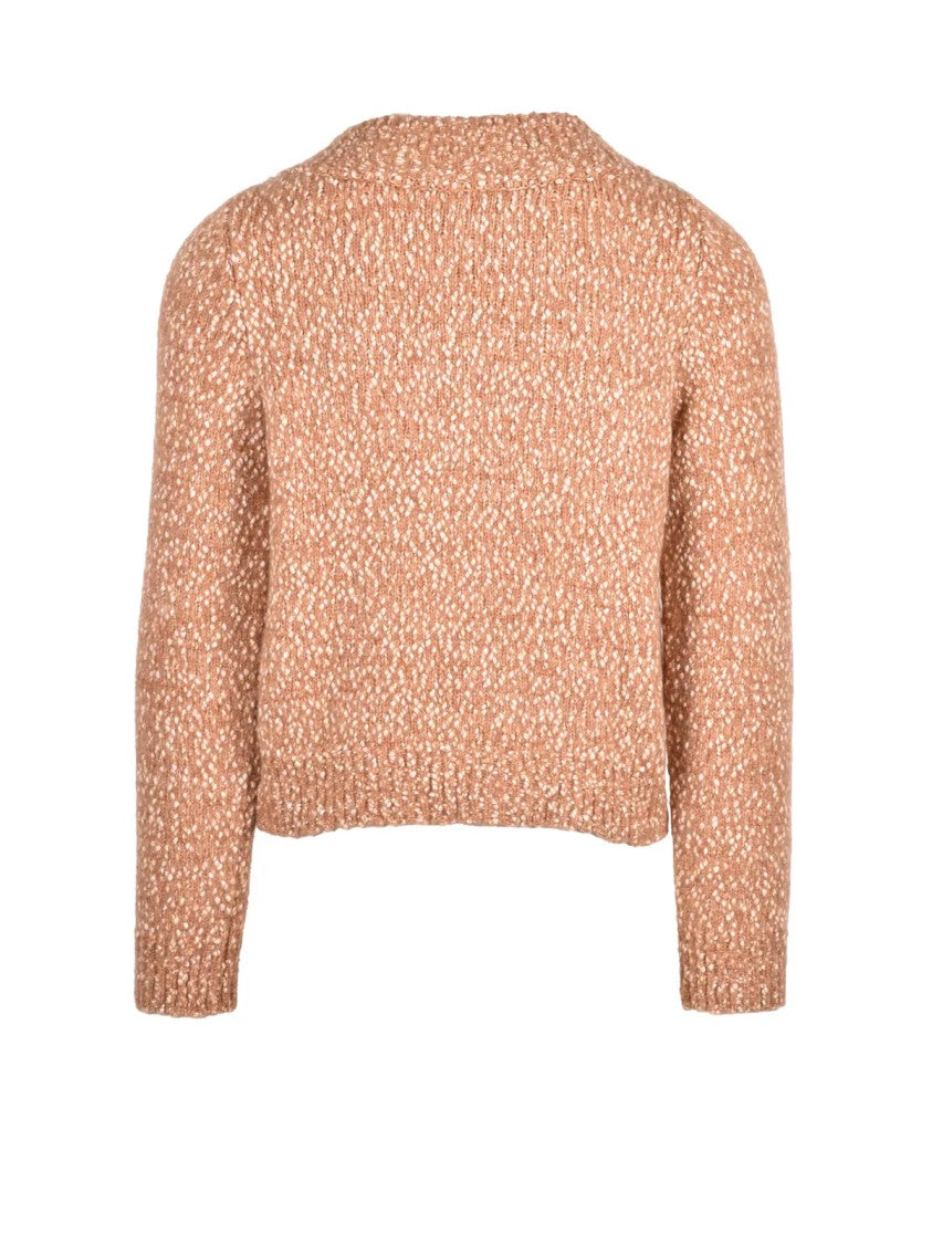 Namacheko Brown Textured Knit Zip Crewneck Wool-Blend Cardigan