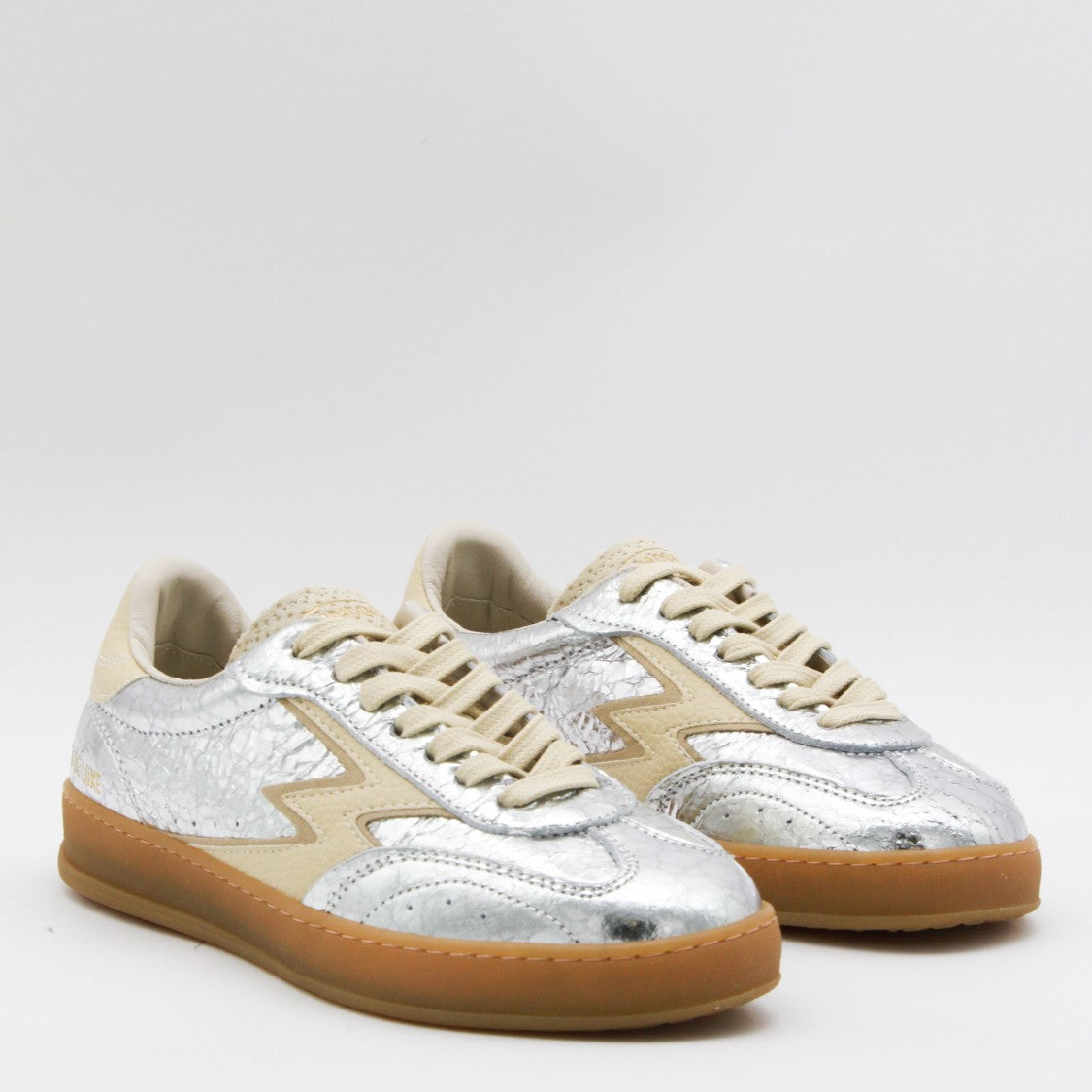 Moaconcept Crinkled Silver Sneakers With Beige Suede Accents