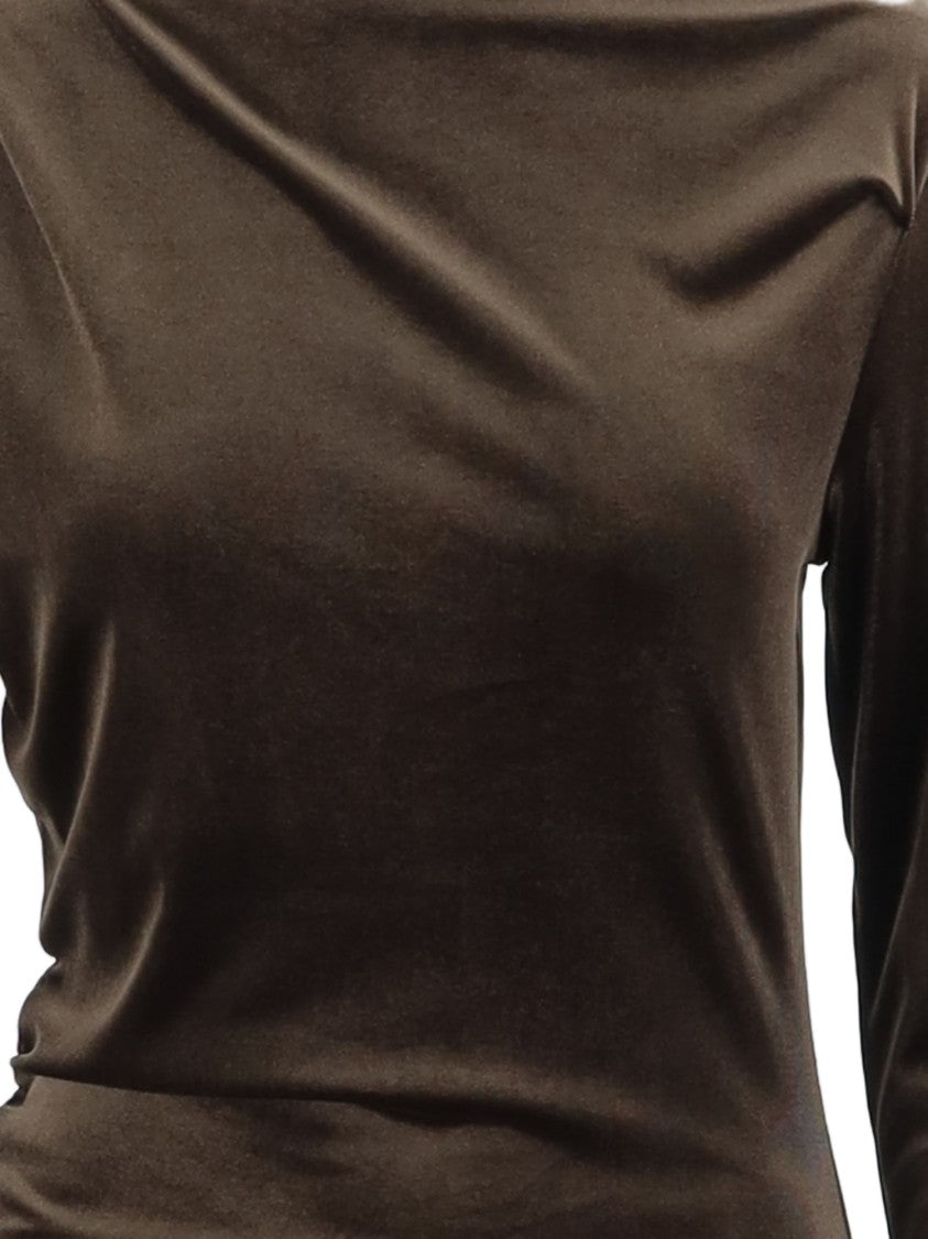 Don't @ Me Dark Brown Side Draped Technical Stretch Jersey Maxi Dress