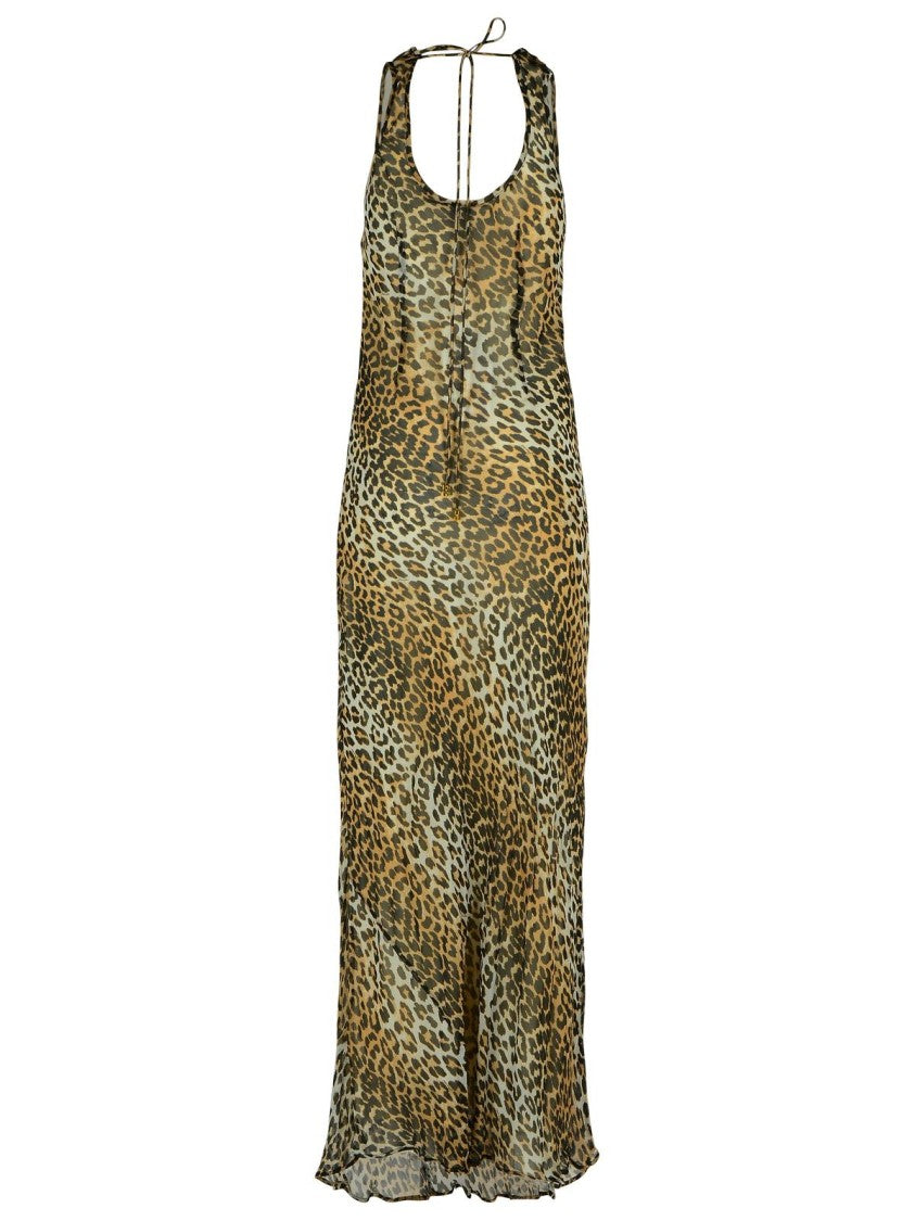Ganni Leopard Print Viscose Long Dress