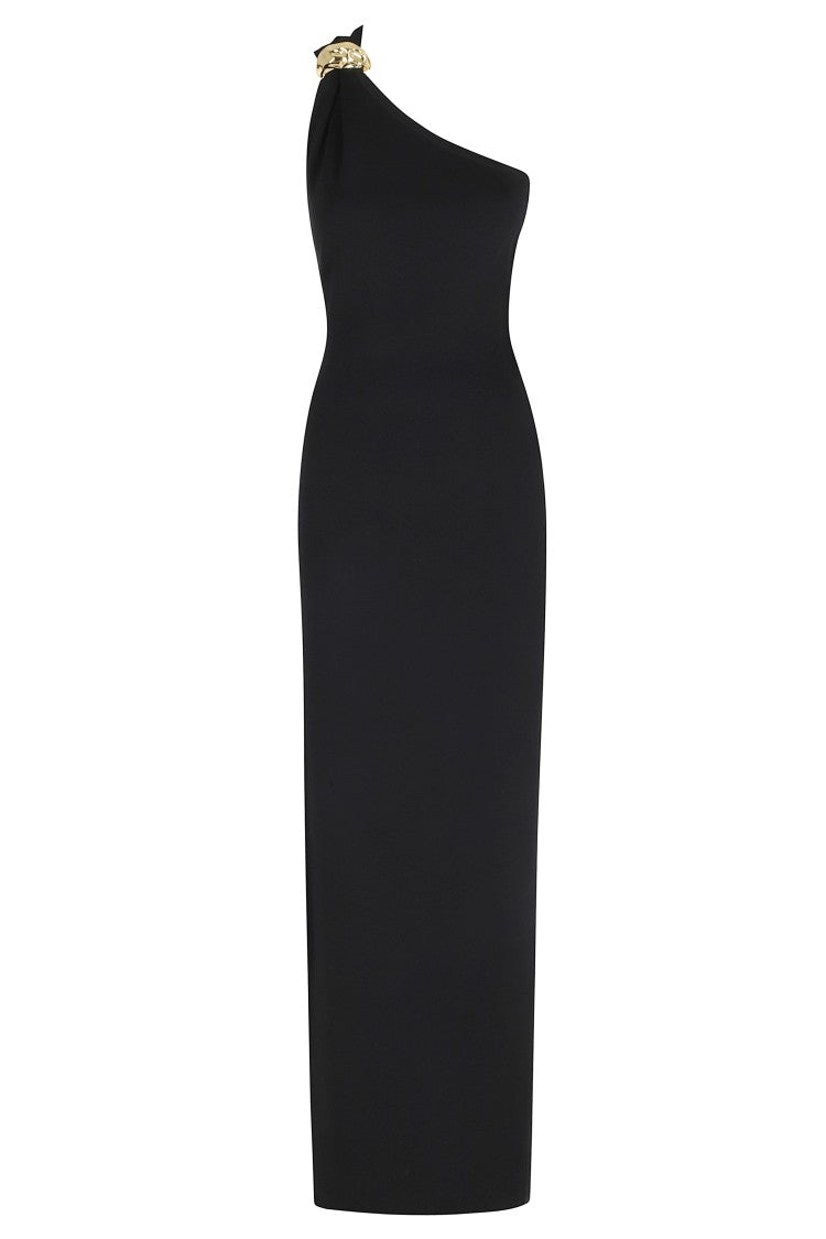 Elisabetta Franchi Black One-Shoulder Golden-Jewel Viscose-Blend Evening Dress