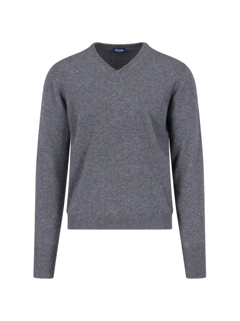 Drumohr Basic Sweater In Grey Melange Cashmere V-Neck