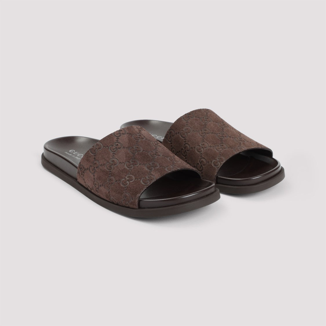 Gucci Brown Suede Open-Toe Sandals With Logo Pattern