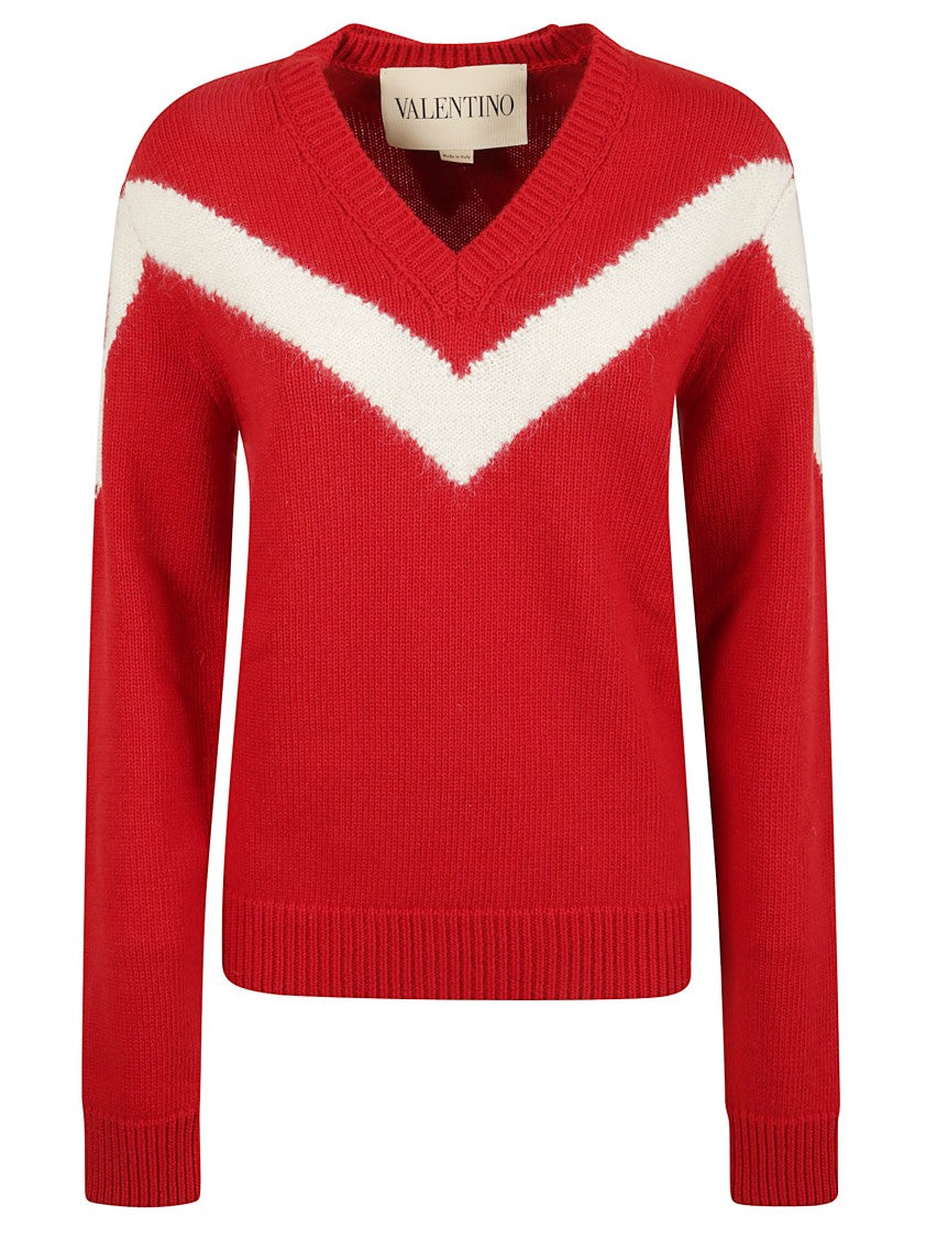 Valentino Garavani V-Neck Red Wool Sweater With Contrasting Inlay