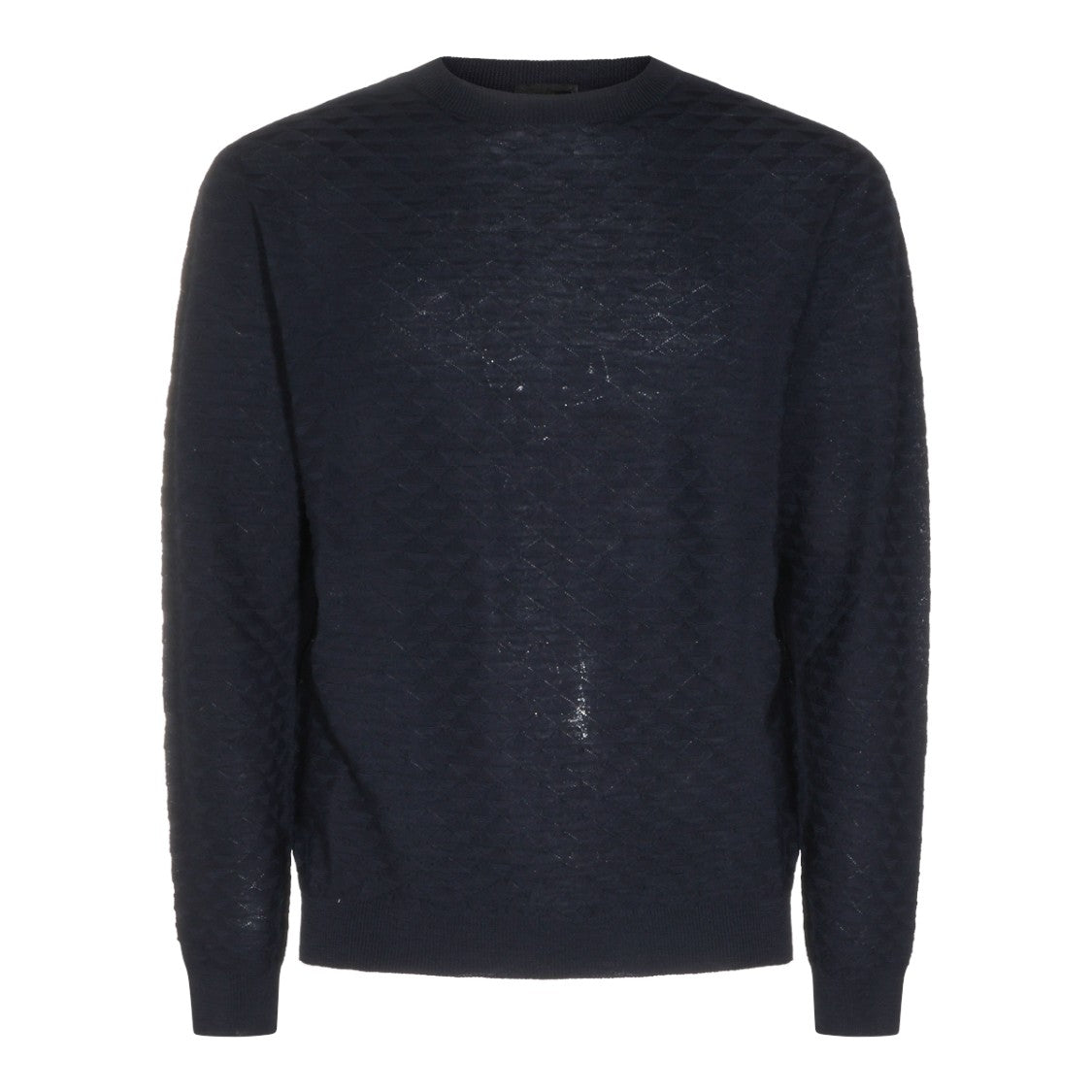 Giorgio Armani Textured Knit Navy Wool Sweater With Round Collar