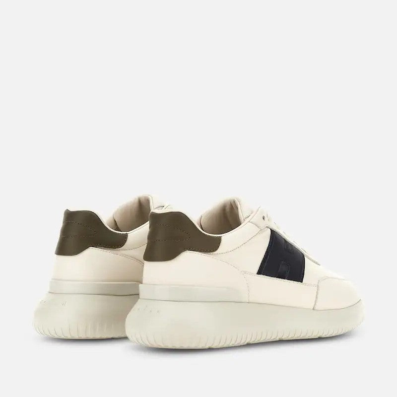 Hogan Off-White Black Logo Olive Heel Tab Low-Top Sneakers