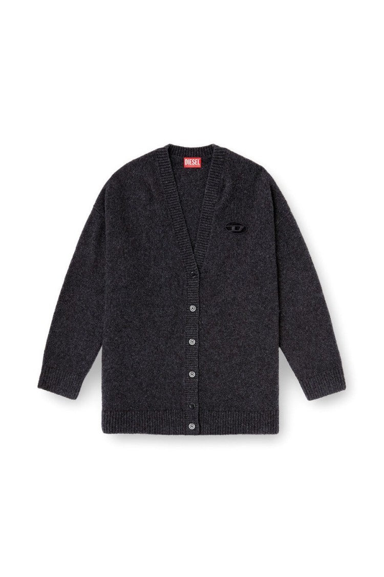 Diesel Grey Button-Front V-Neck D-Logo Patch Wool-Blend Cardigan