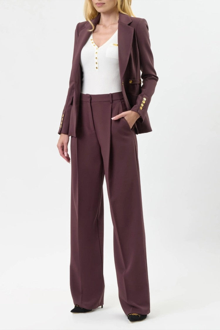 Elisabetta Franchi Burgundy High-Waisted Pleated Polyester-Blend Wide-Leg Pants