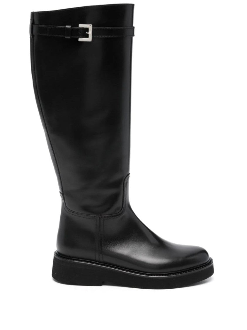 Doucal's Black Stival Polished Buckle Detail Leather Ankle Boots