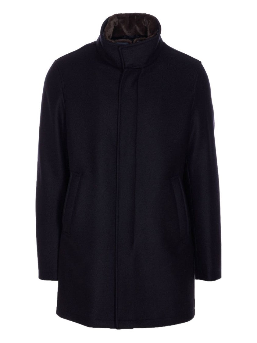 Herno Dark Blue Coat With Shearling Collar