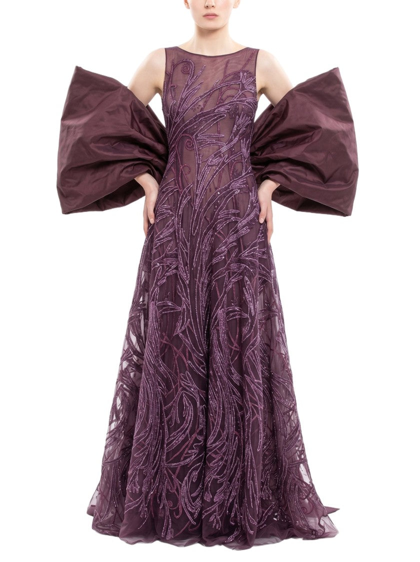 Saiid Kobeisy Bateau Neckline Embroidered Long Dress With Oversized Cape
