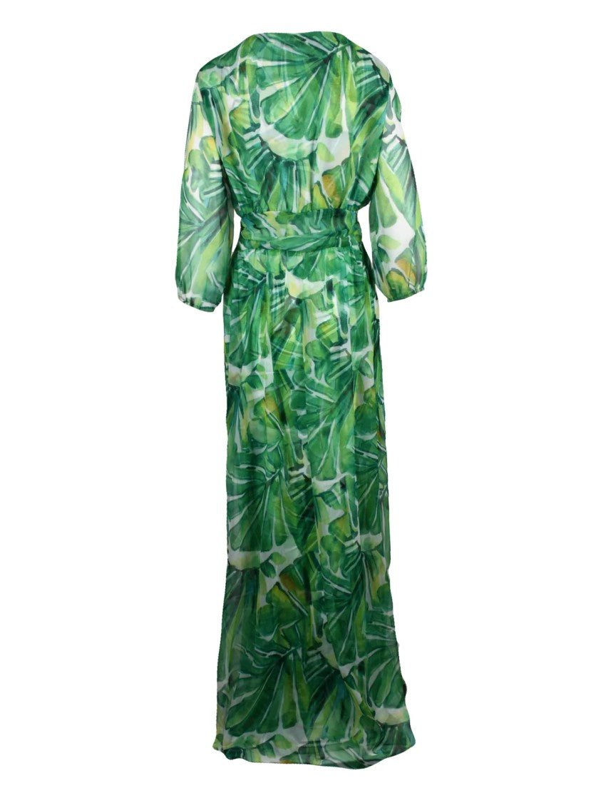 Chiara Boni Green/White Toki Leaf Pattern Chiffon Dress