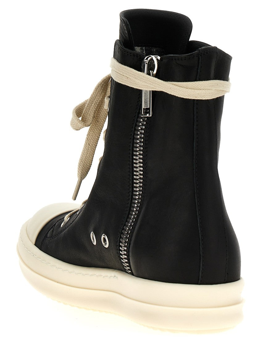 Rick Owens High-Top Black Leather Sneakers With Side Zip And Rubber Sole