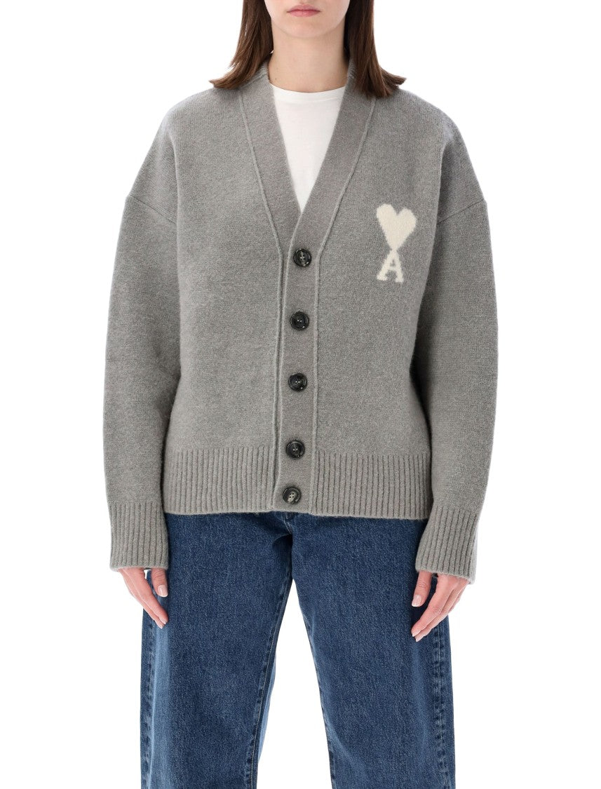 Ami Paris Fluid Alpaca Blend Cardigan With Intarsia Heart Logo