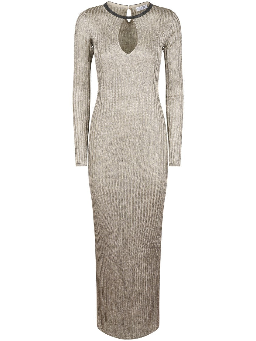 Brunello Cucinelli Ribbed Knit Midi Dress With Keyhole Cutout