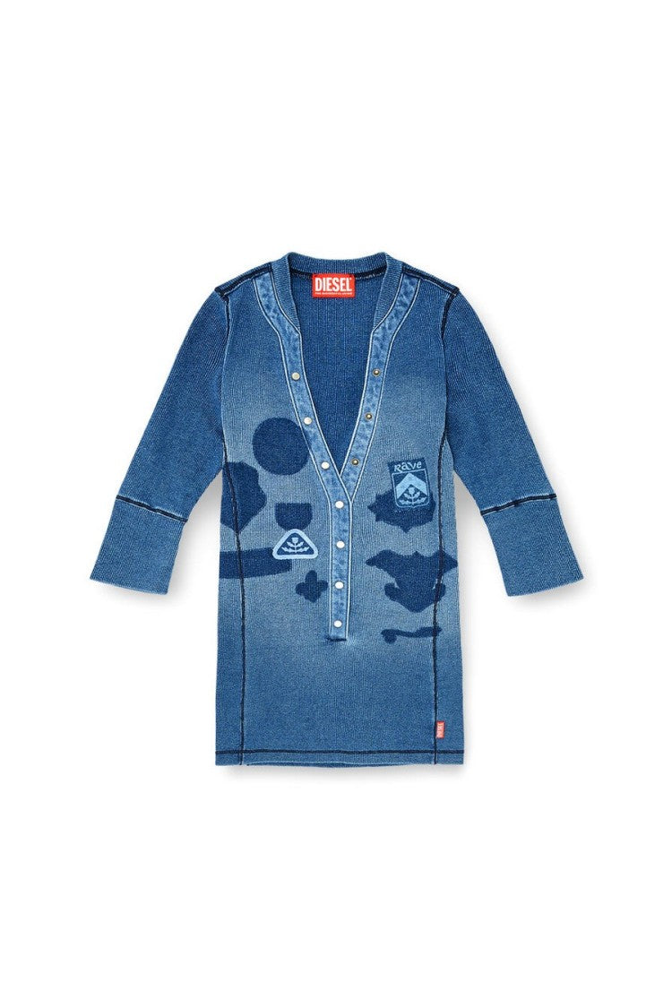 Diesel Blue Denim-Effect Patch Press-Stud Cotton-Blend Tunic