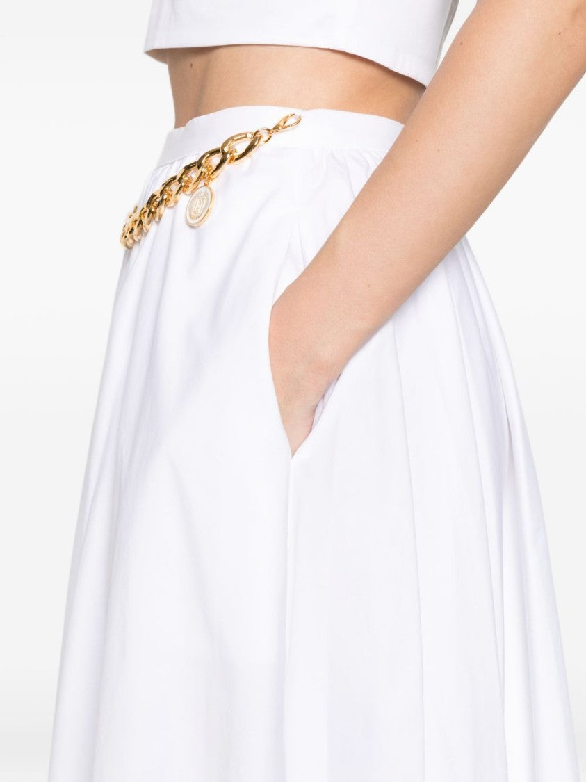Elisabetta Franchi Flared White Midi Skirt With Gold Chain Detail
