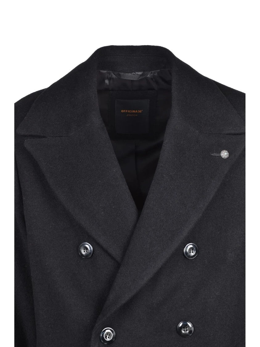 Officina 36 Black Double-Breasted Tailored Wool-Blend Coat