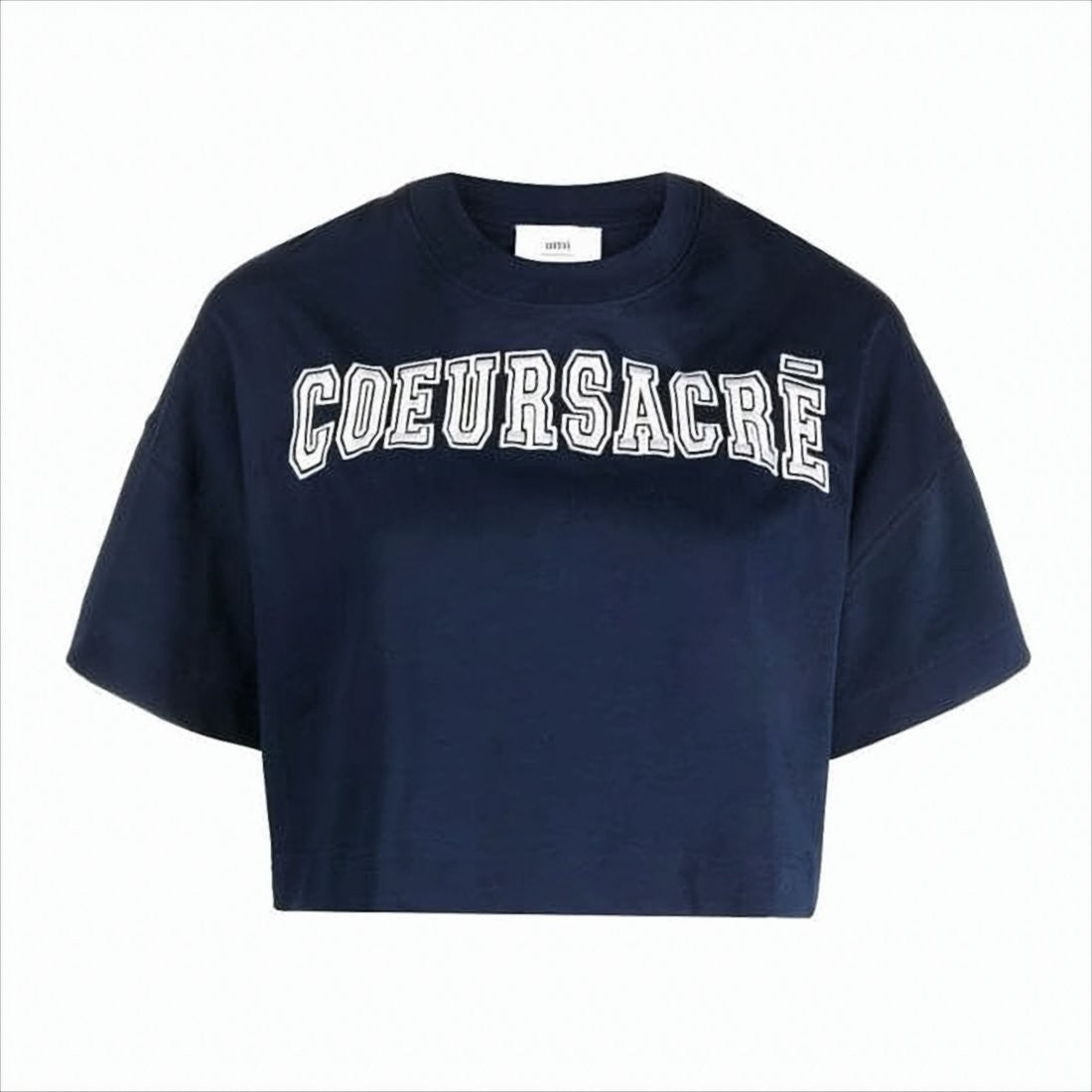 Ami Paris Cropped Navy T-Shirt With Collegiate Text Design