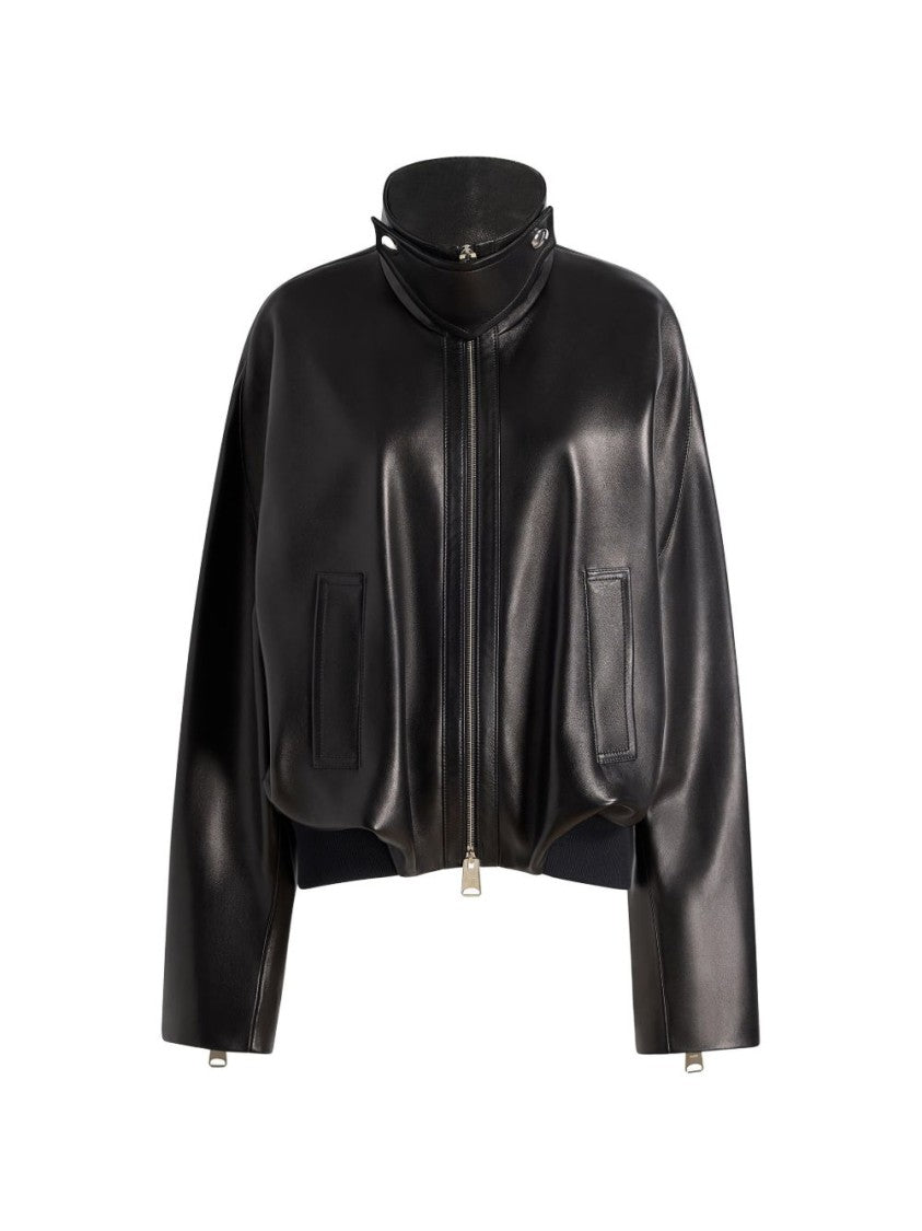 Khaite Black Cupro Silk Twill Stand Collar Coat
