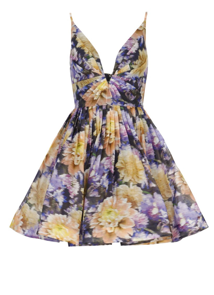 Zimmermann Pleated Mini Dress With V Neckline And Floral Pattern