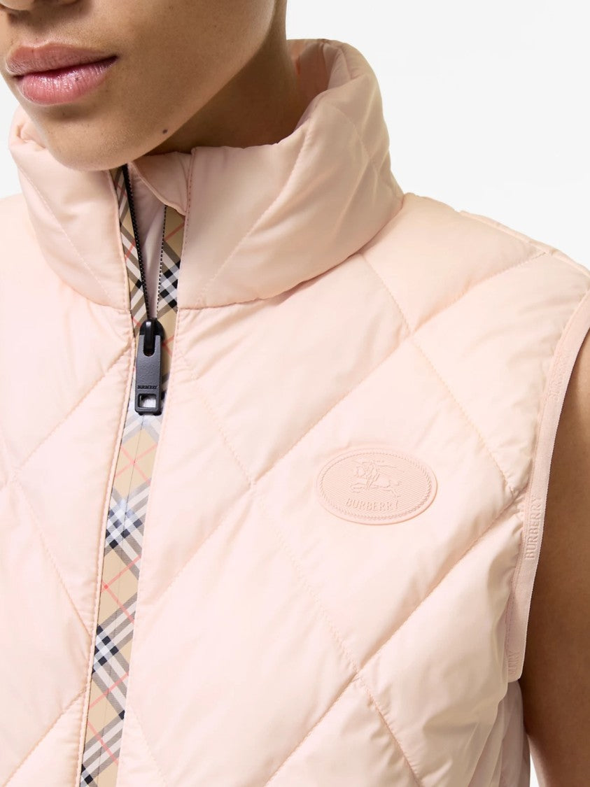 Burberry Quilted Sleeveless Vest With High Collar And Check Detail