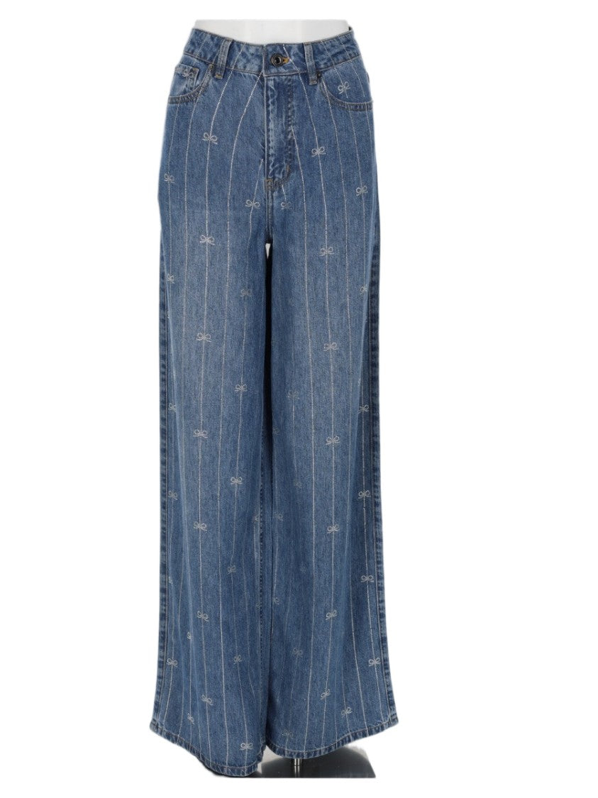 Self-Portrait Pinstripe Wide-Leg Lyocell Denim Jeans