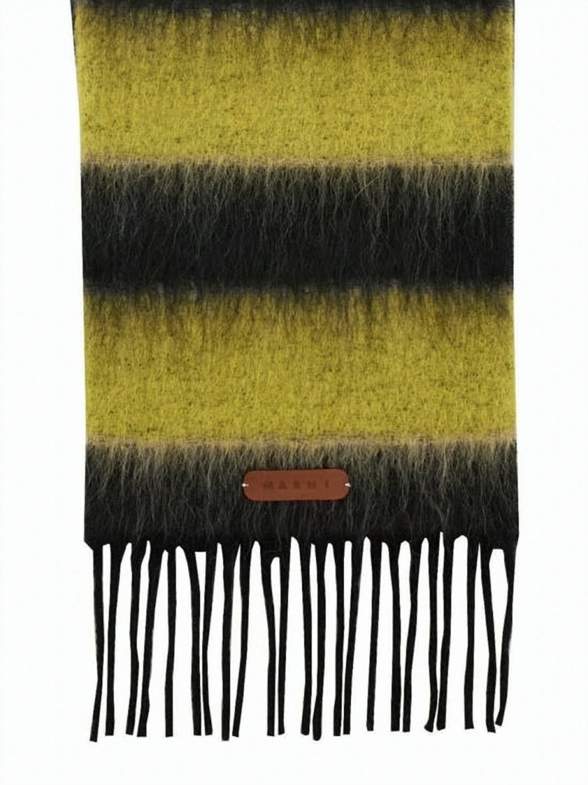 Marni Fuzzy Striped Scarf With Fringed Ends And Leather Tag