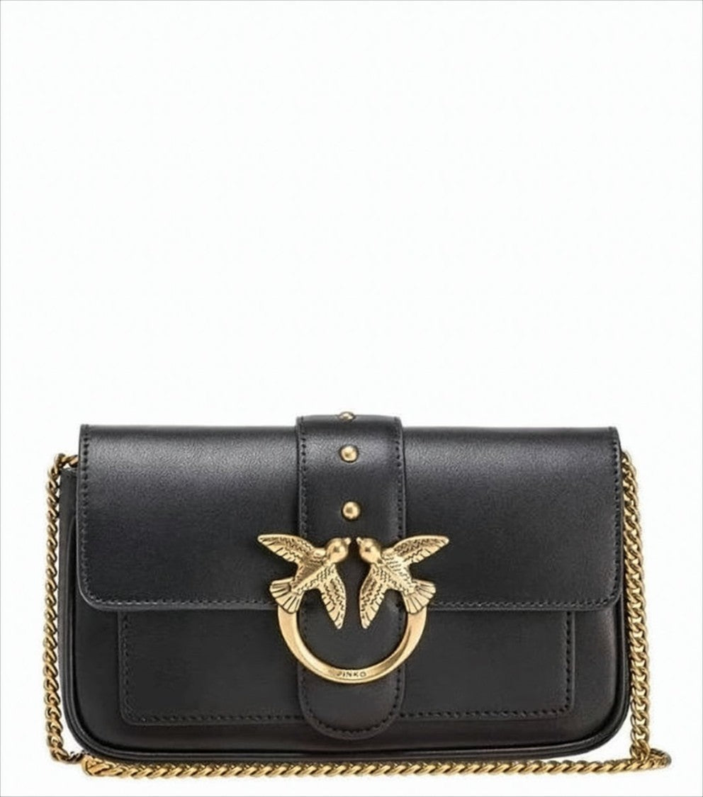 Pinko Rectangular Black Leather Shoulder Bag