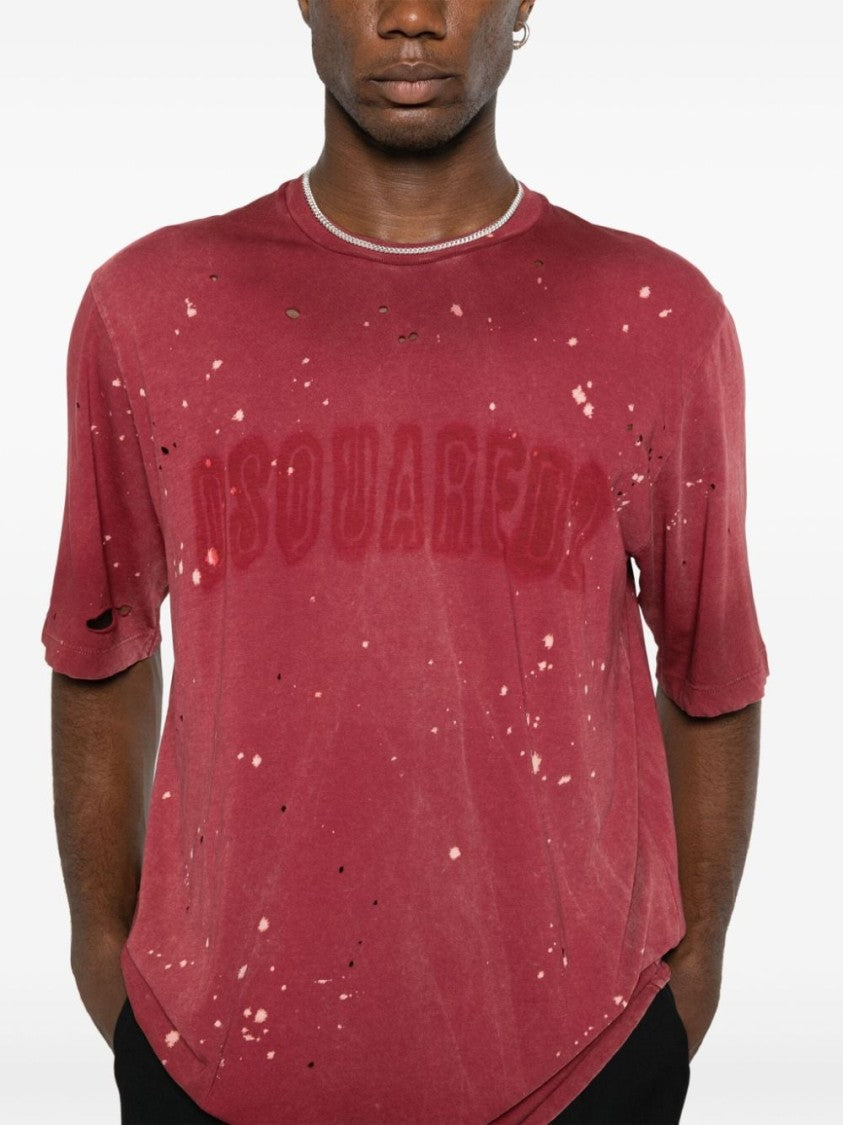 Dsquared2 Distressed Dark Red Cotton Jersey T-Shirt