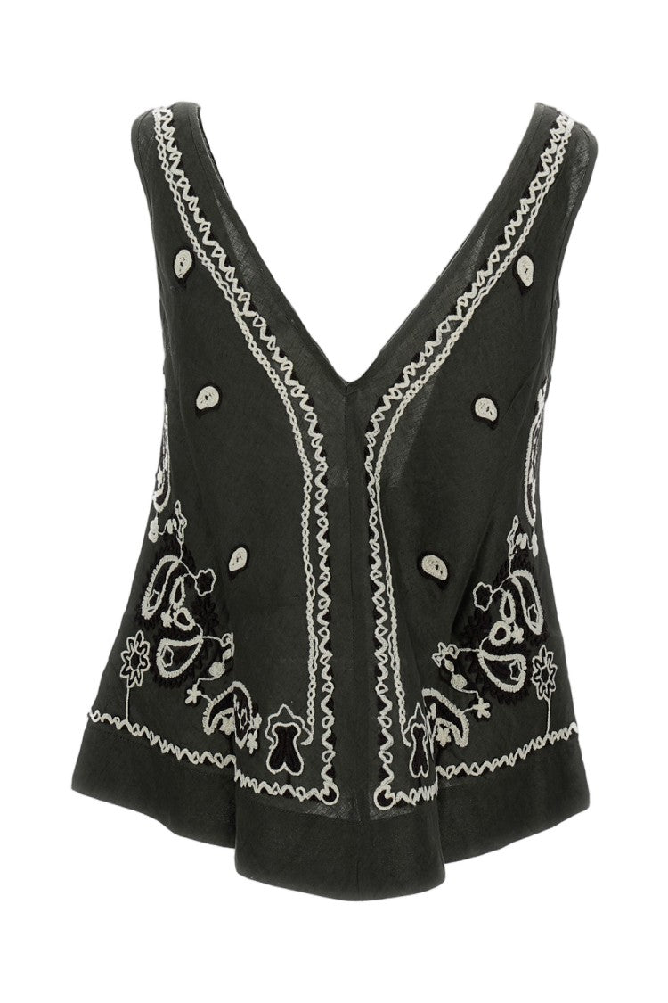 Parosh Intricate Embroidered Linen Top With V-Neckline