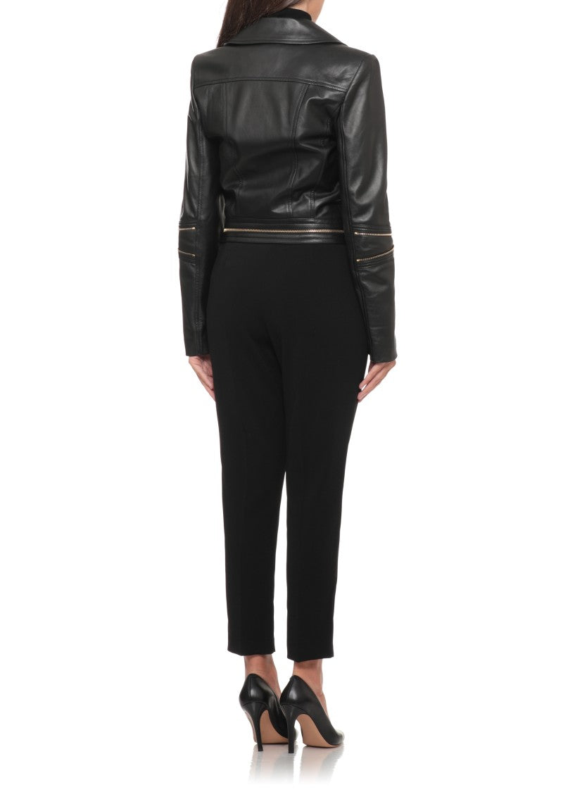 Elisabetta Franchi Cropped Black Leather Jacket With Gold Zipper Details