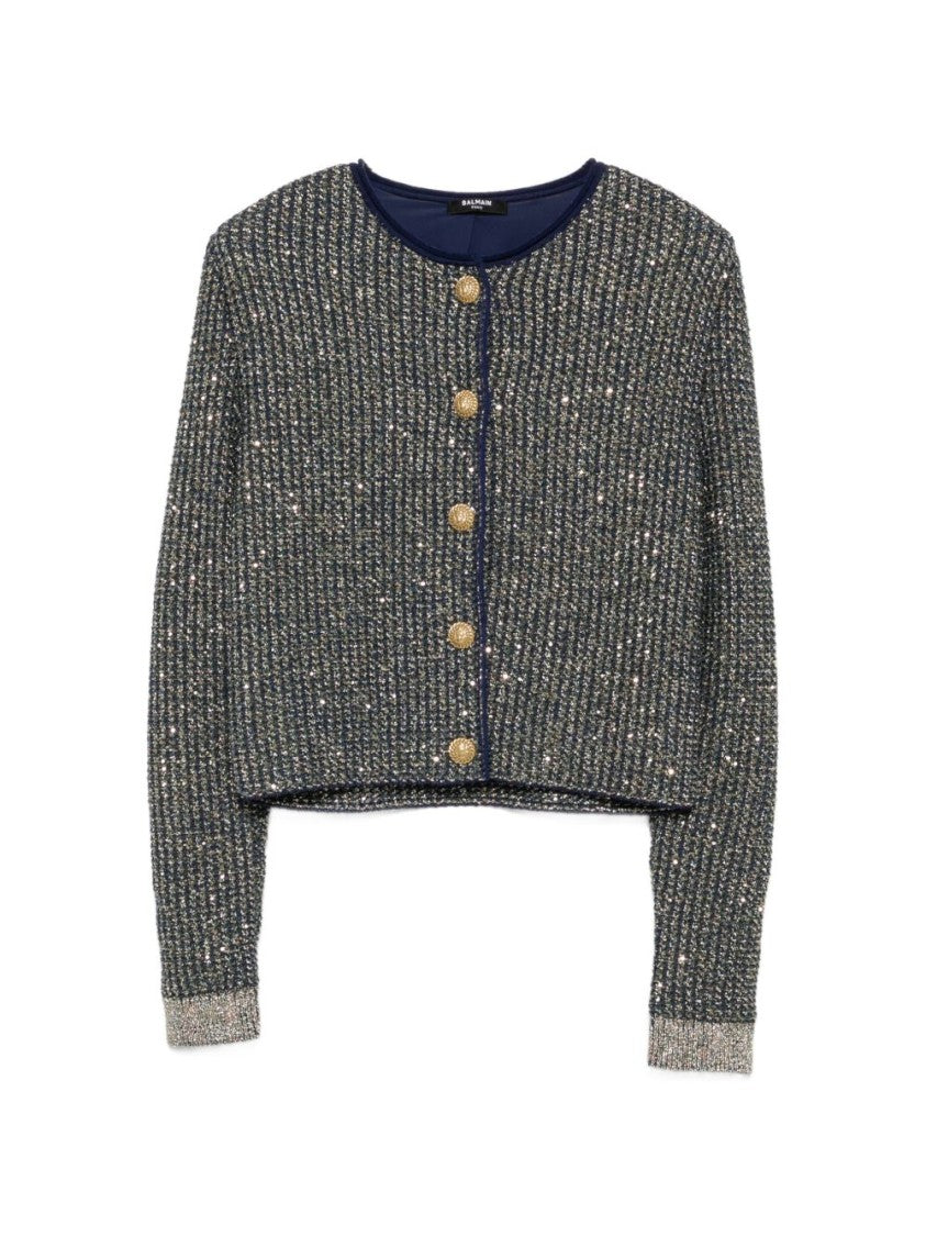 Balmain Cropped Textured Structured Metallic Jacket
