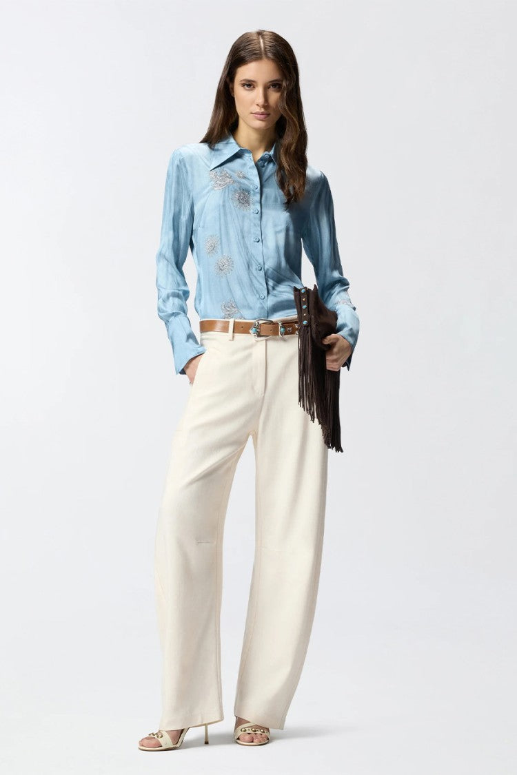 Pinko Blue Crystal Floral Embroidery Viscose Satin Shirt