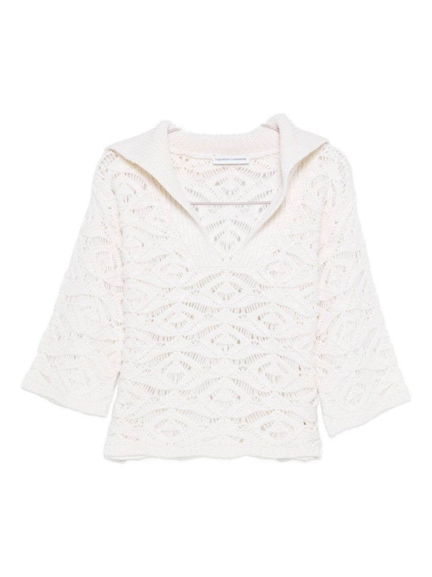 Tabaroni Cashmere Openwork White Knit Top With Scalloped Hem