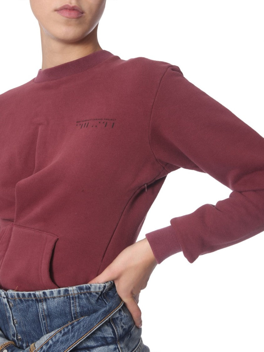 Unravel Project Asymmetrical Hem Burgundy Crew Neck Sweatshirt