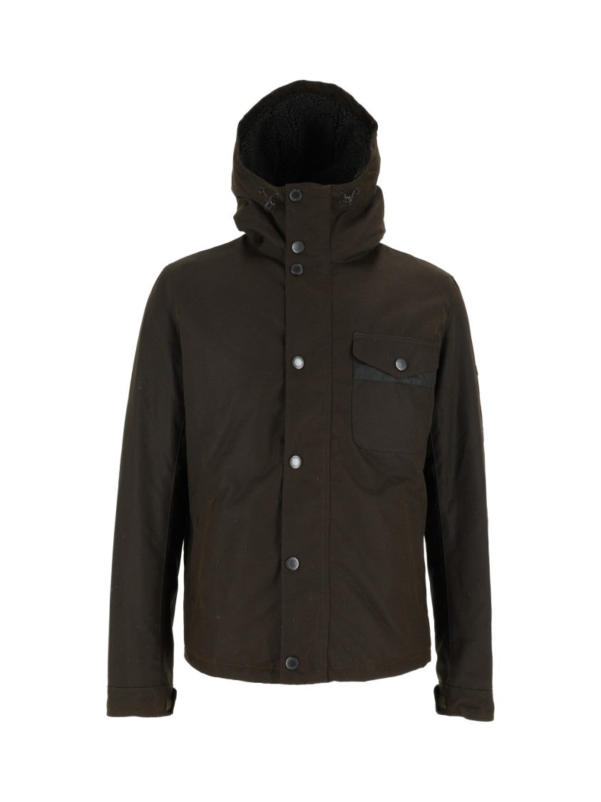 Barbour Brown Waxed Cotton Jacket With High Collar And Practical Design