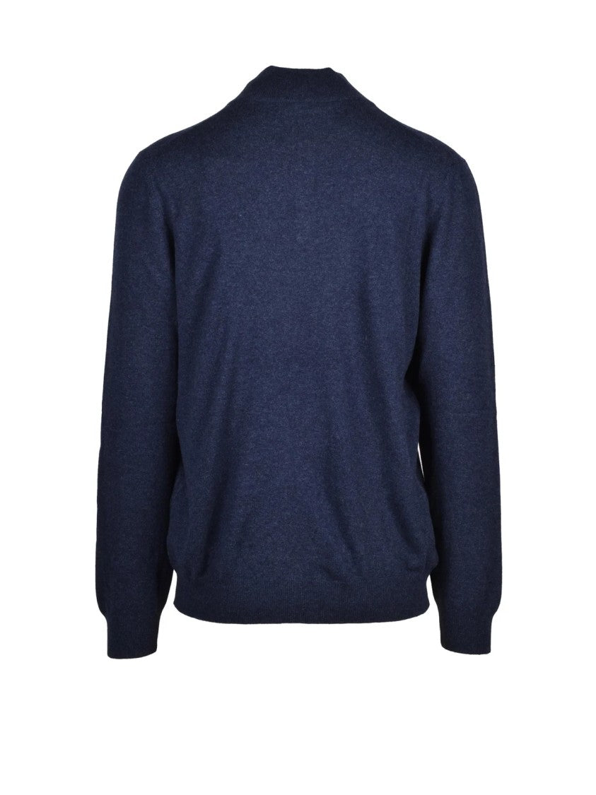 Vengera Blue Wool-Blend Button Mock Neck Sweater
