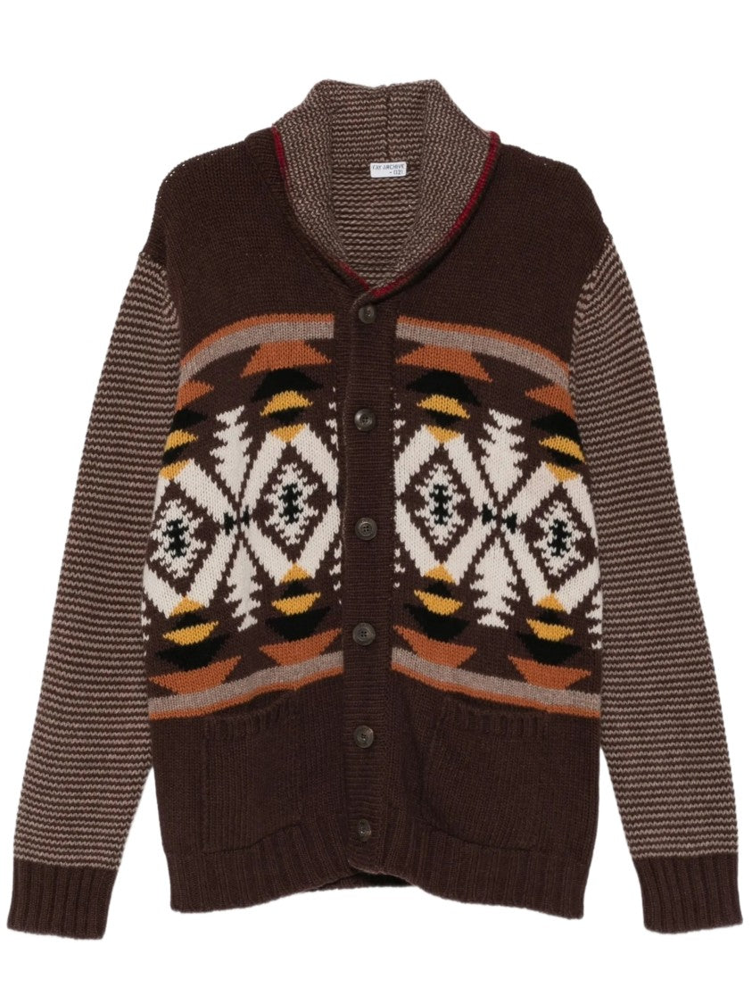 Fay Geometric Pattern Knit Cardigan With Shawl Collar