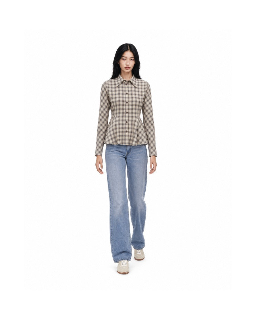 Ganni Oyster Gray Peplum Waist Plaid Shirt