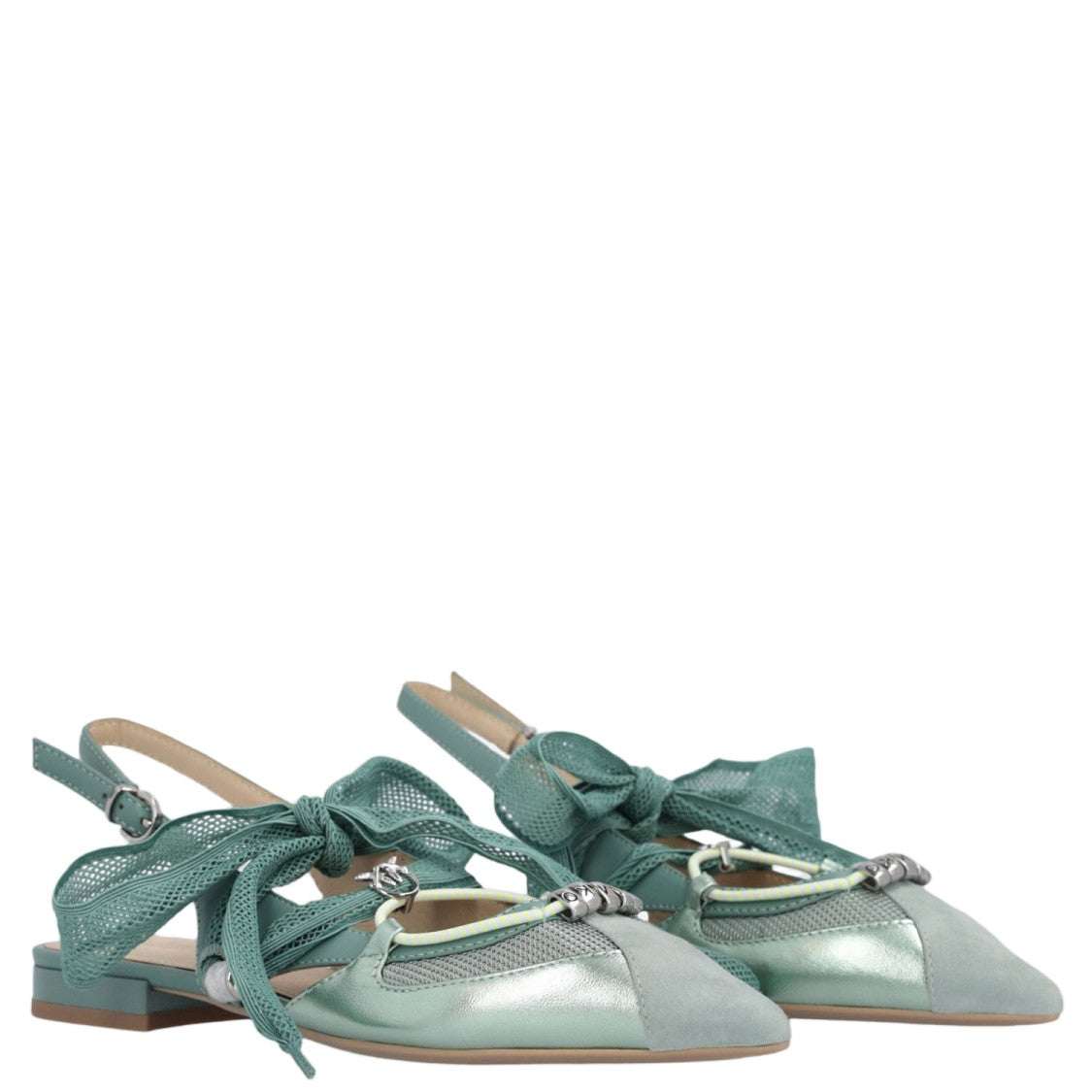 Pinko Green Slingback Lace-Up Leather Flats